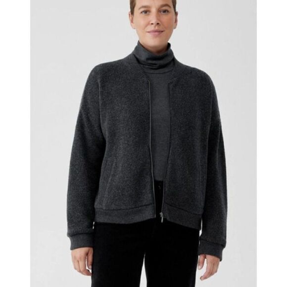 Eileen Fisher Womans Boucle Wool Knit Flight Jacket S small Charcoal Gray NWT - Picture 1 of 7